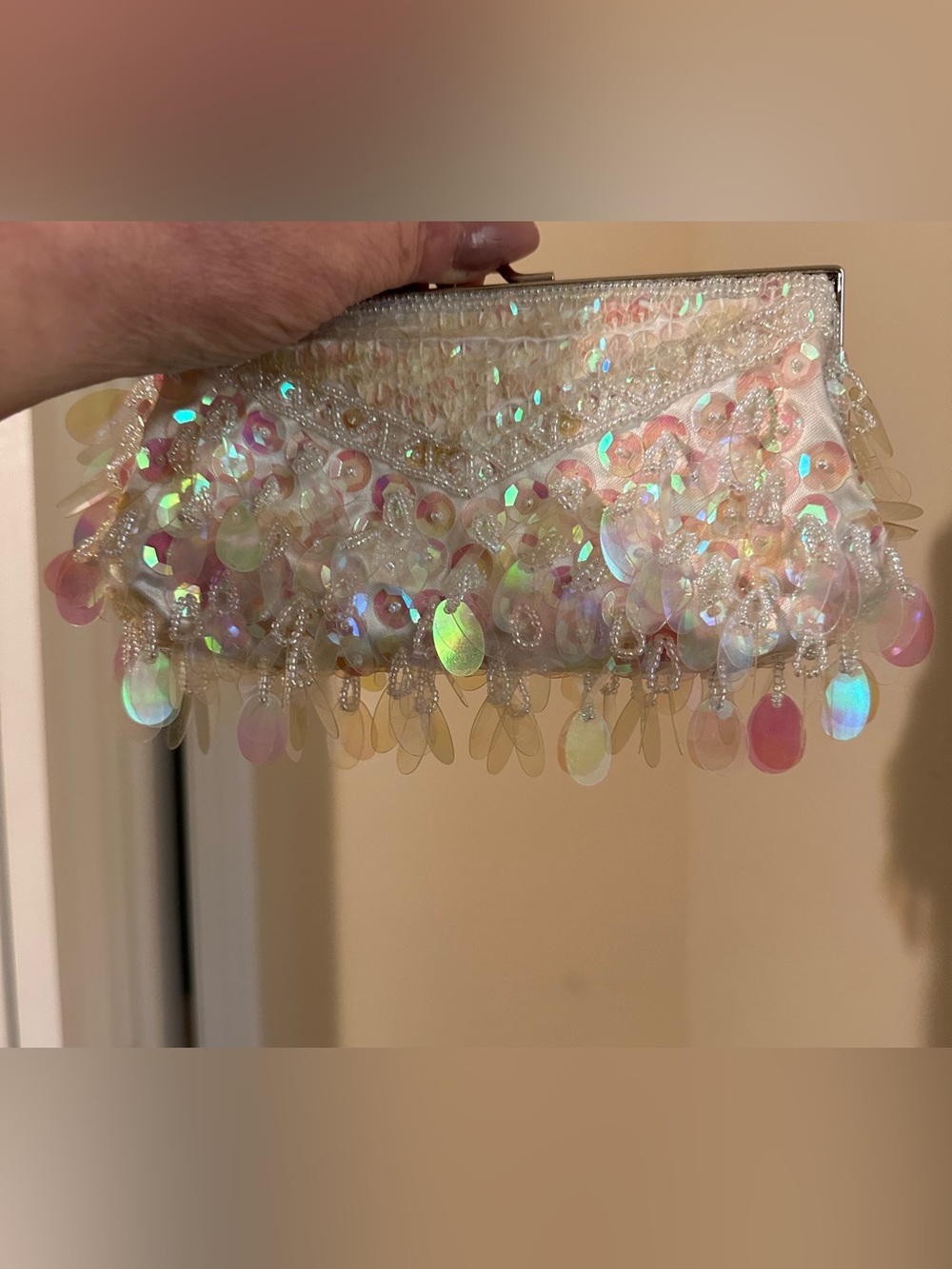 Beaded Evening Bag W/Iridescent Sequin  3 in 1 bag- Pearl White*Max Mayer*VTG*Y2